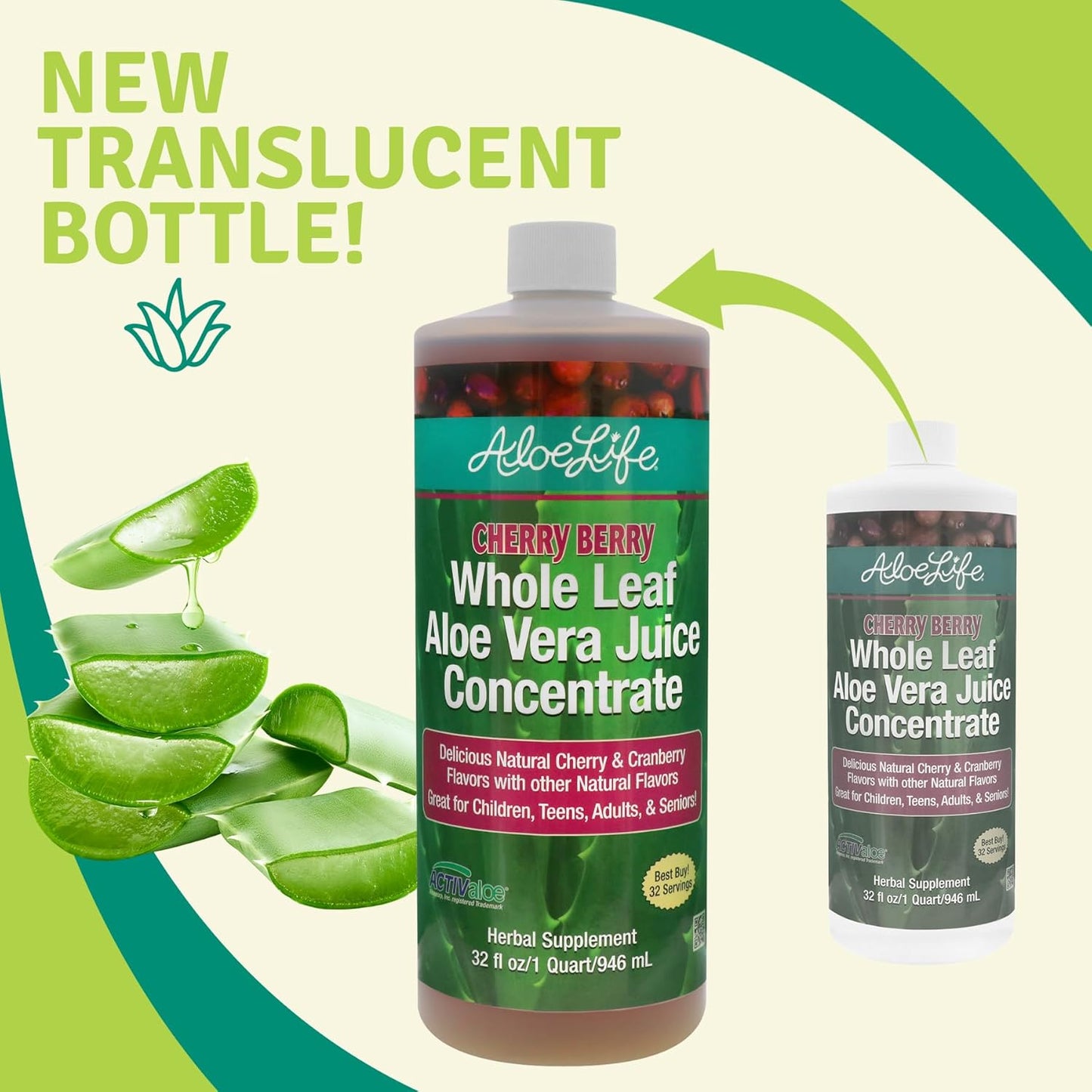Certified Organic Whole Leaf Aloe Vera Juice with Trace Minerals - Cherry Berry Flavor, 32 oz (2-Pack)