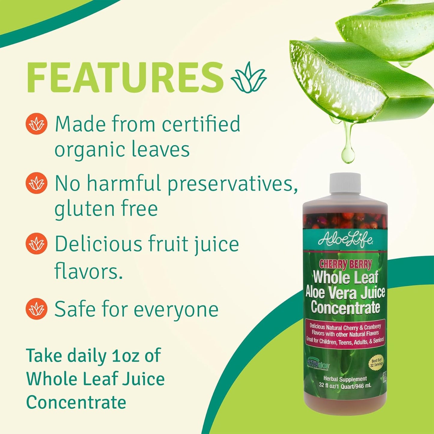 Certified Organic Whole Leaf Aloe Vera Juice with Trace Minerals - Cherry Berry Flavor, 32 oz (2-Pack)