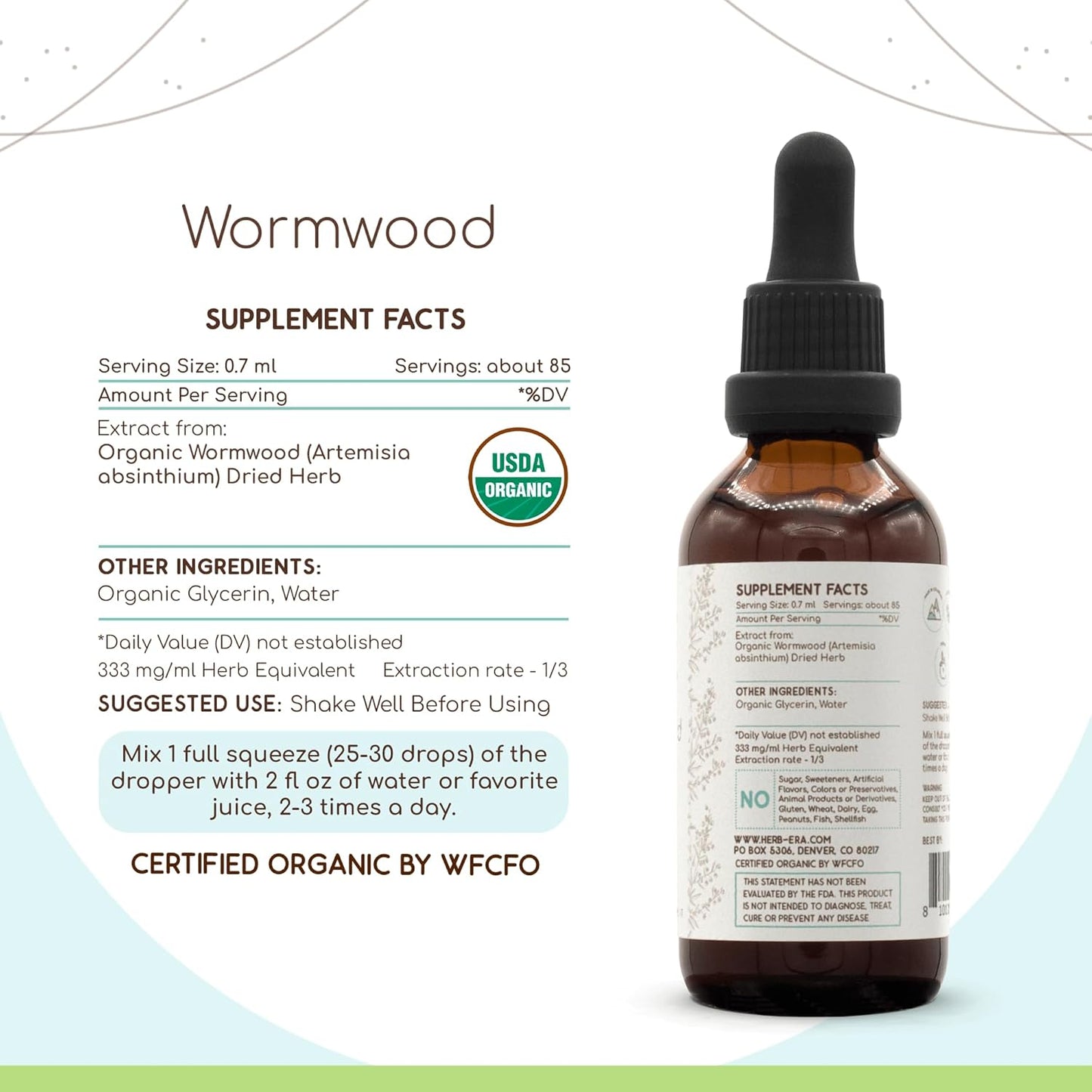 Certified Organic Wormwood Tincture | Alcohol-Free, High-Potency Herbal Drops | USDA Organic Wormwood Extract (2 oz) by HerbEra