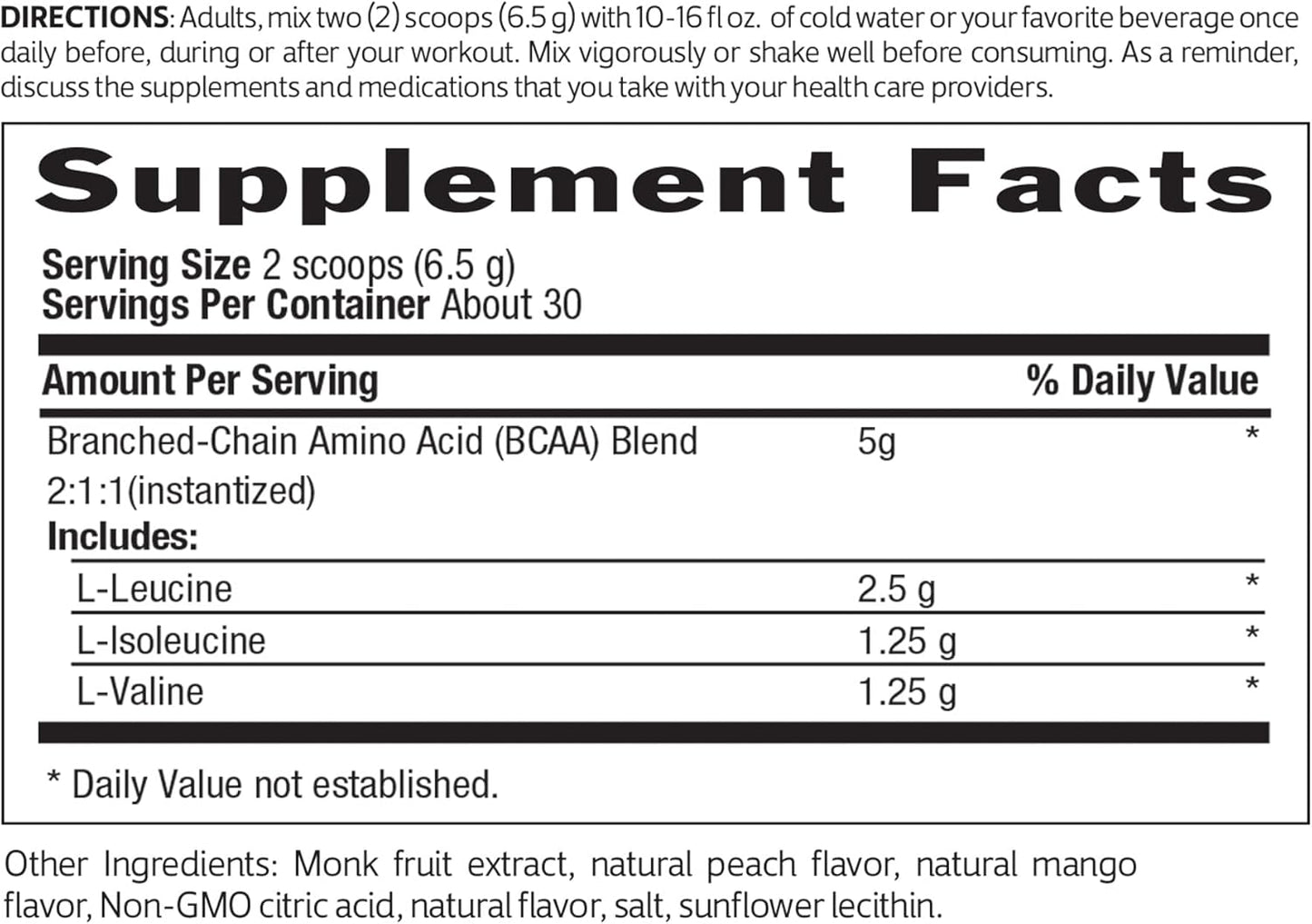 Certified Vegan Peach Mango BCAA Powder for Muscle Recovery & Hydration - 30 Servings, 5g Amino Acids, Gluten Free & Keto Friendly