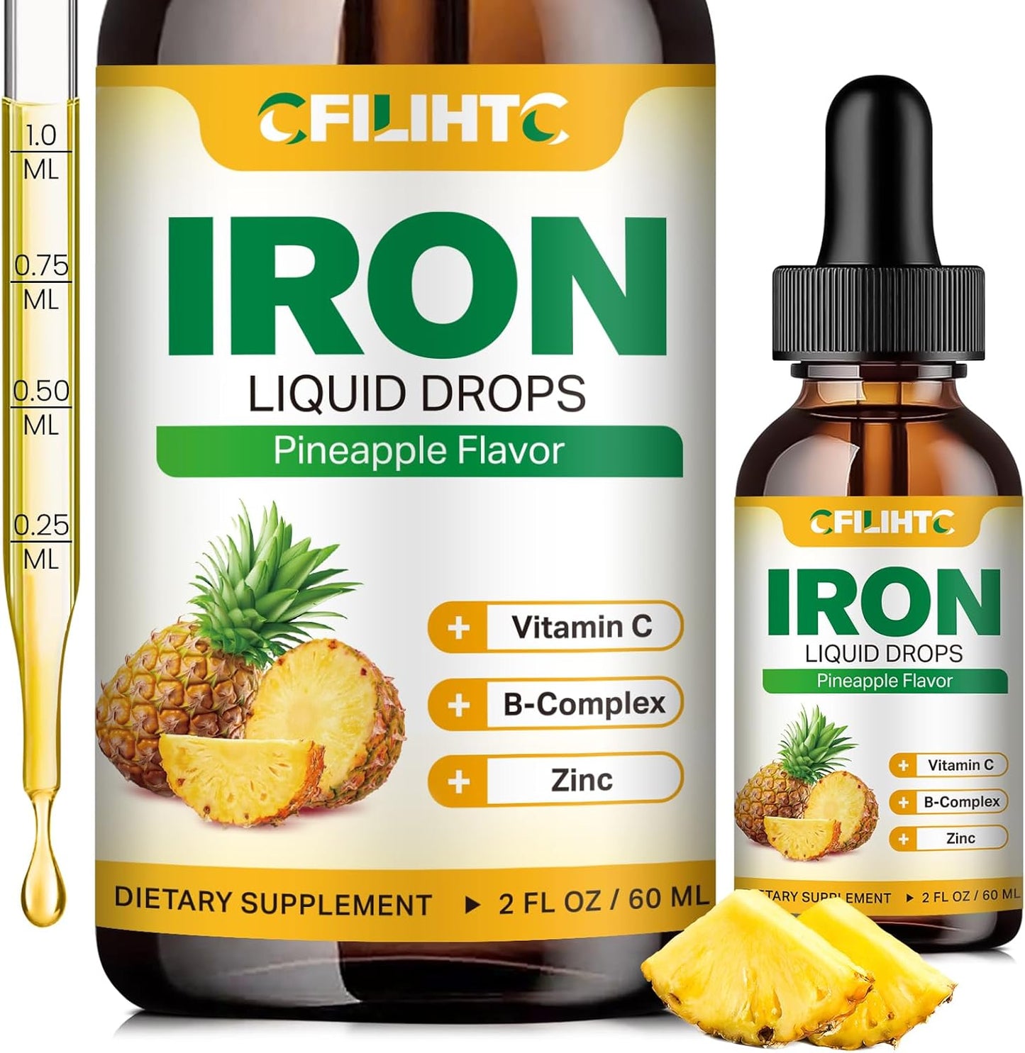 CFILIHTC Liquid Iron Supplement for Women Men & Kids - Natural Pineapple Flavor - Vegan - 2 Fl Oz - Multivitamin Iron Drops with Folate, Vitamin C, B6, B12, Zinc for Anemia, Iron Deficiency, Blood Builder & Energy Booster