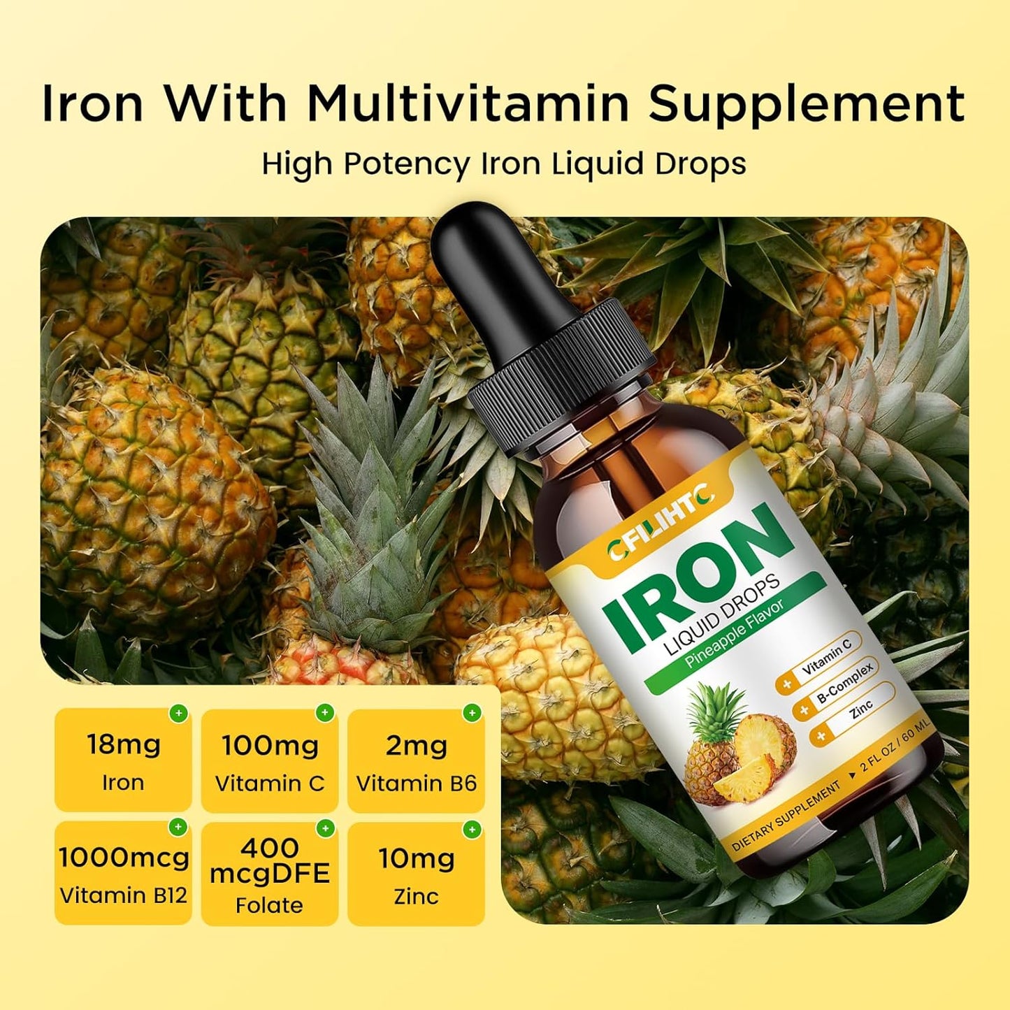 CFILIHTC Liquid Iron Supplement for Women Men & Kids - Natural Pineapple Flavor - Vegan - 2 Fl Oz - Multivitamin Iron Drops with Folate, Vitamin C, B6, B12, Zinc for Anemia, Iron Deficiency, Blood Builder & Energy Booster