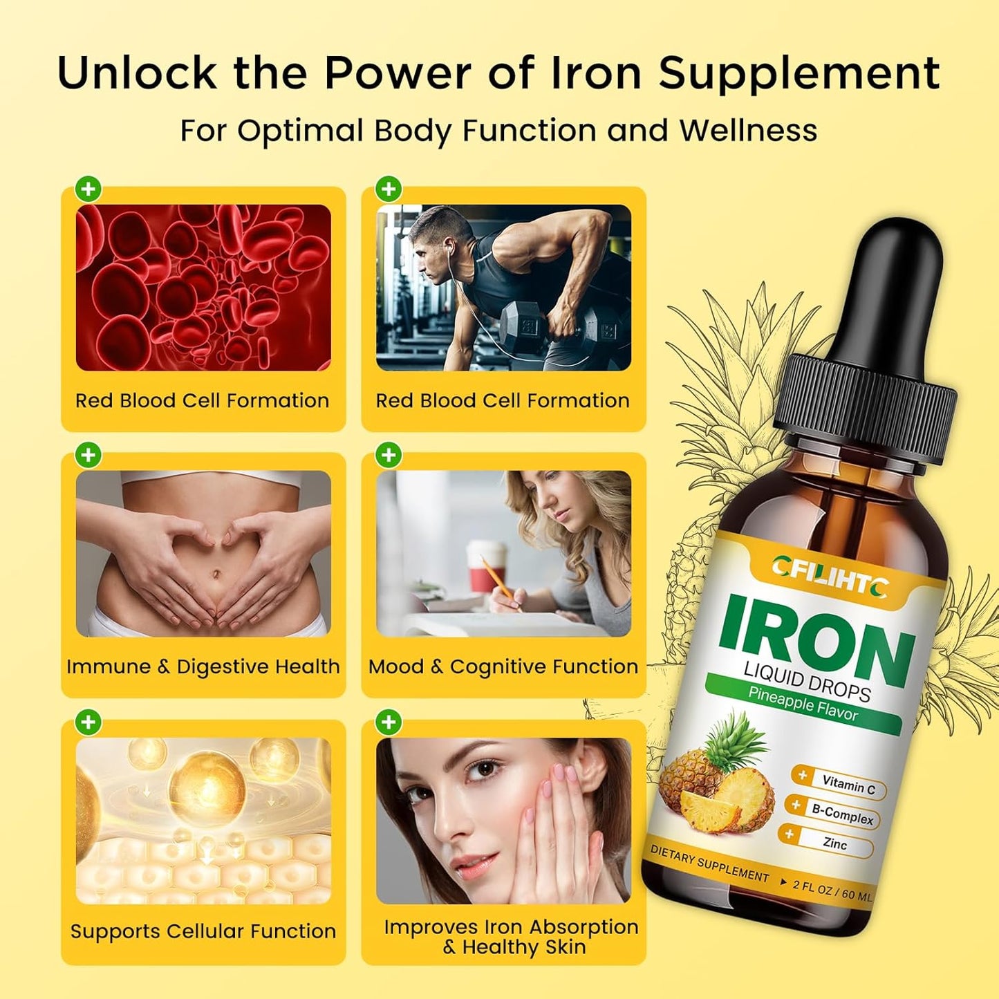CFILIHTC Liquid Iron Supplement for Women Men & Kids - Natural Pineapple Flavor - Vegan - 2 Fl Oz - Multivitamin Iron Drops with Folate, Vitamin C, B6, B12, Zinc for Anemia, Iron Deficiency, Blood Builder & Energy Booster
