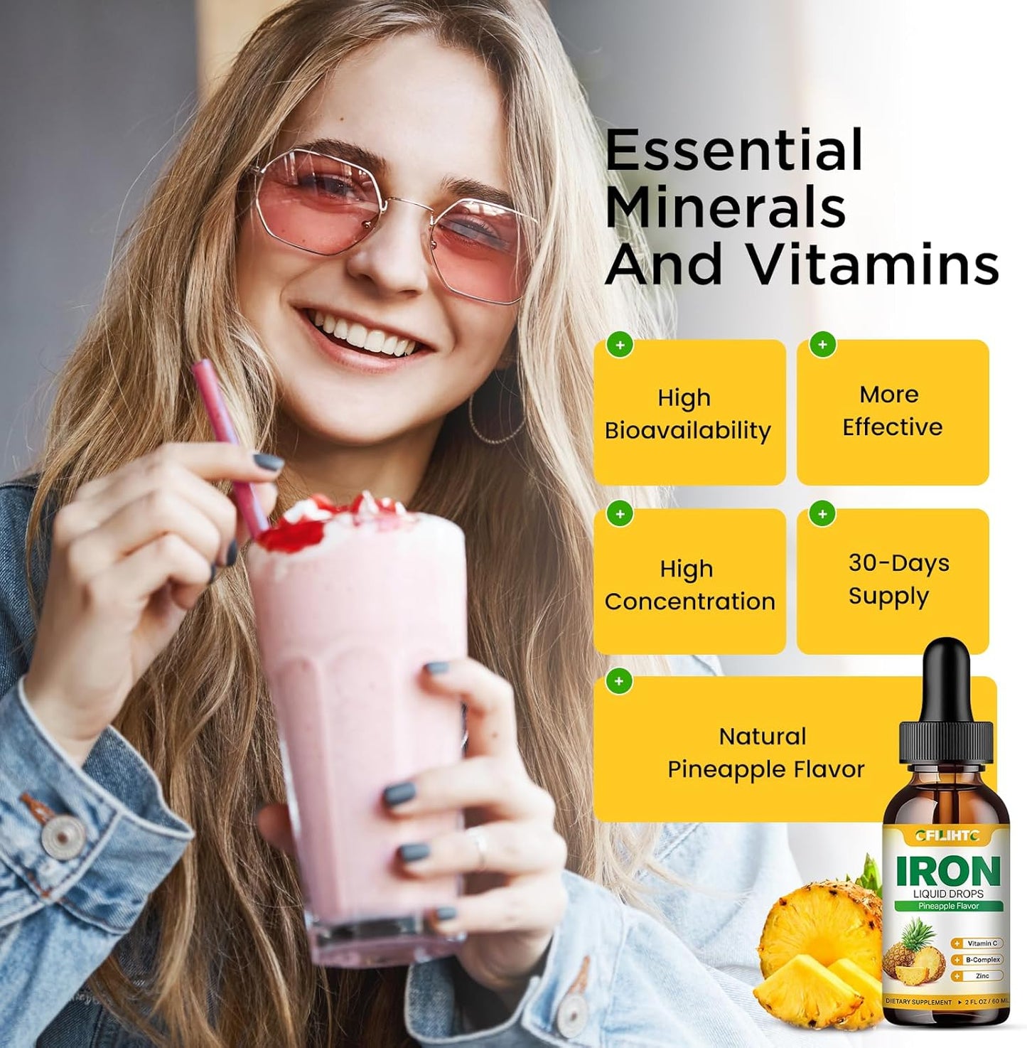 CFILIHTC Liquid Iron Supplement for Women Men & Kids - Natural Pineapple Flavor - Vegan - 2 Fl Oz - Multivitamin Iron Drops with Folate, Vitamin C, B6, B12, Zinc for Anemia, Iron Deficiency, Blood Builder & Energy Booster