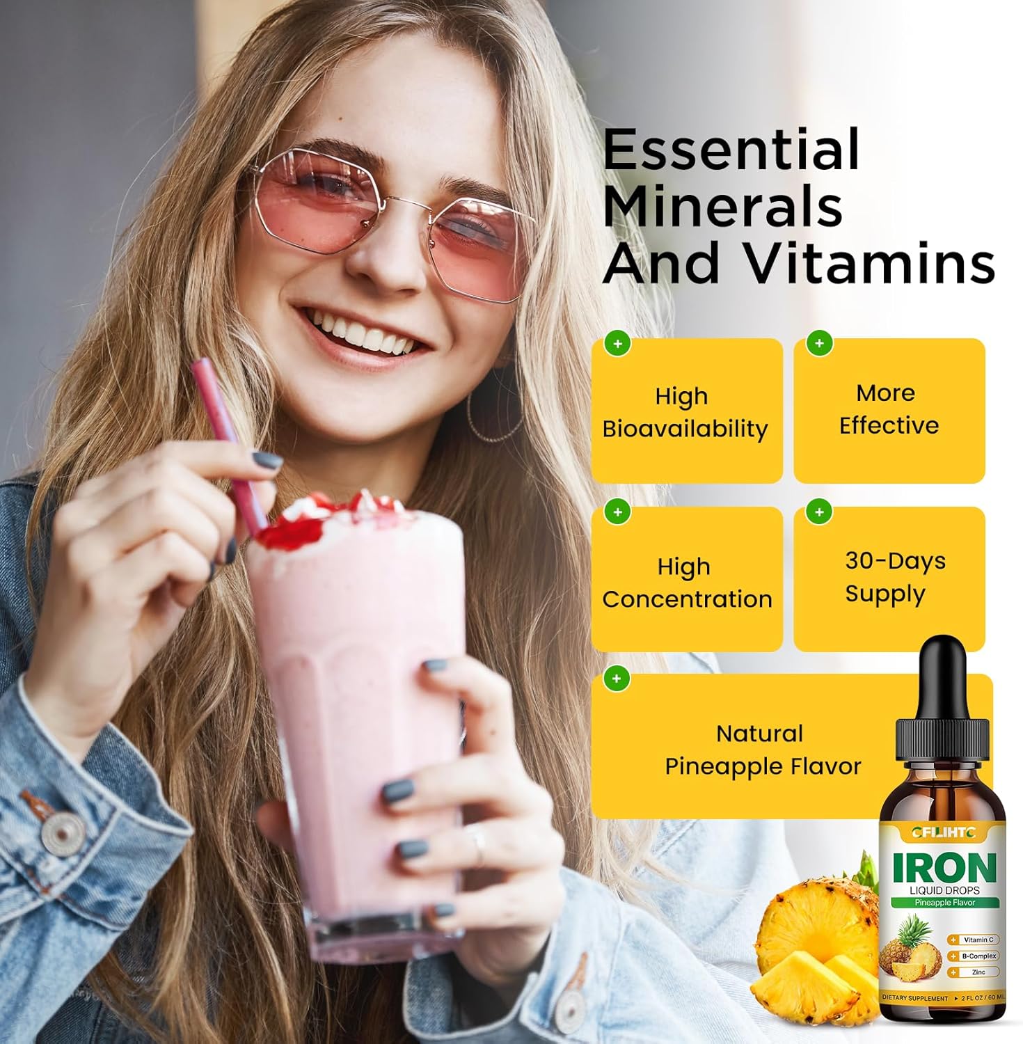 CFILIHTC Liquid Iron Supplement for Women Men & Kids - Natural Pineapple Flavor - Vegan - 2 Fl Oz - Multivitamin Iron Drops with Folate, Vitamin C, B6, B12, Zinc for Anemia, Iron Deficiency, Blood Builder & Energy Booster
