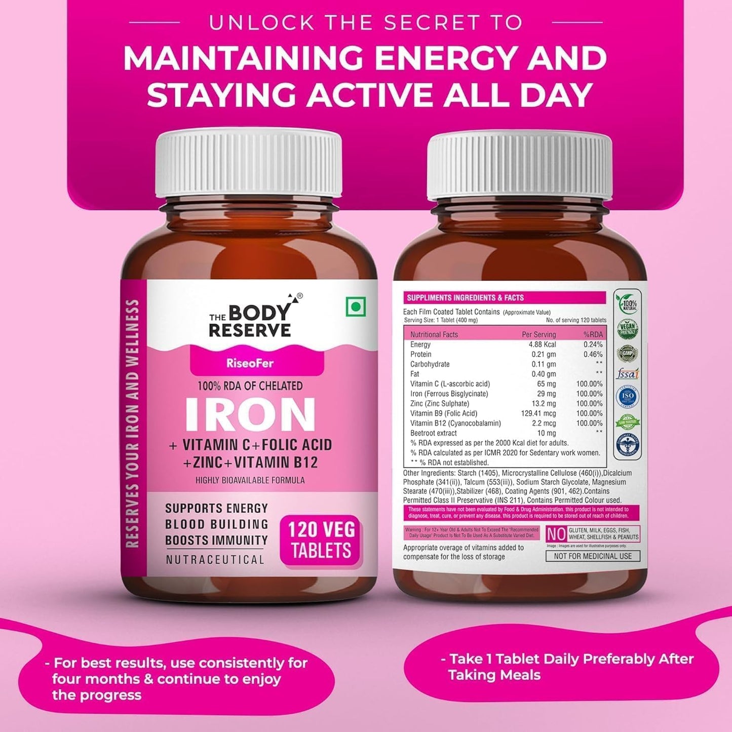 Chelated Iron and Vitamin C Supplement with Vitamin B12, Zinc, Folic Acid - 120 Veg Tablets for Blood Building, Energy, and Immunity - High Absorption Formula