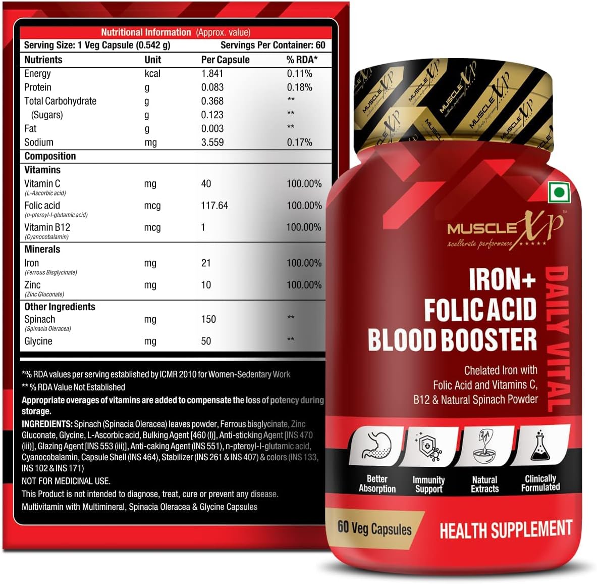 Chelated Iron Folic Acid Hemoglobin Booster with Vitamin C, B12 & Spinach - 60 Veg Capsules