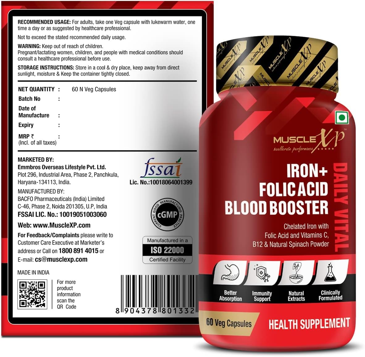 Chelated Iron Folic Acid Hemoglobin Booster with Vitamin C, B12 & Spinach - 60 Veg Capsules