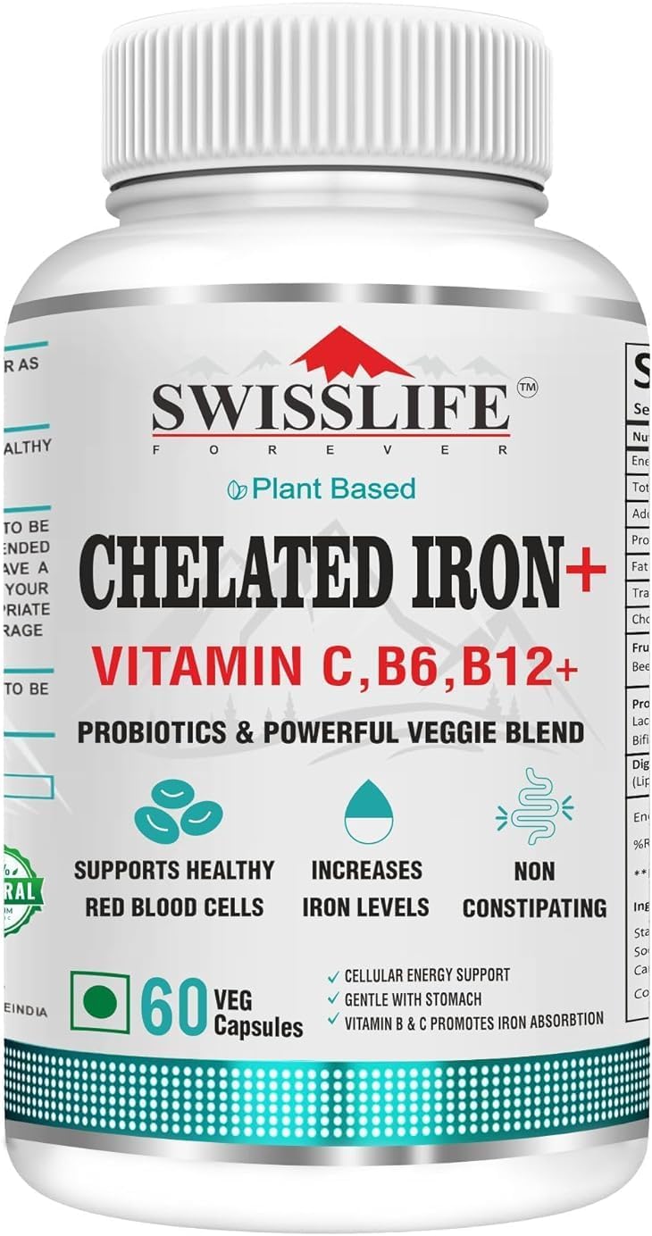 Chelated Iron Folic Acid with Vitamin C, B6, B9, B12 Veg Tablets 60ct - Probiotics Included