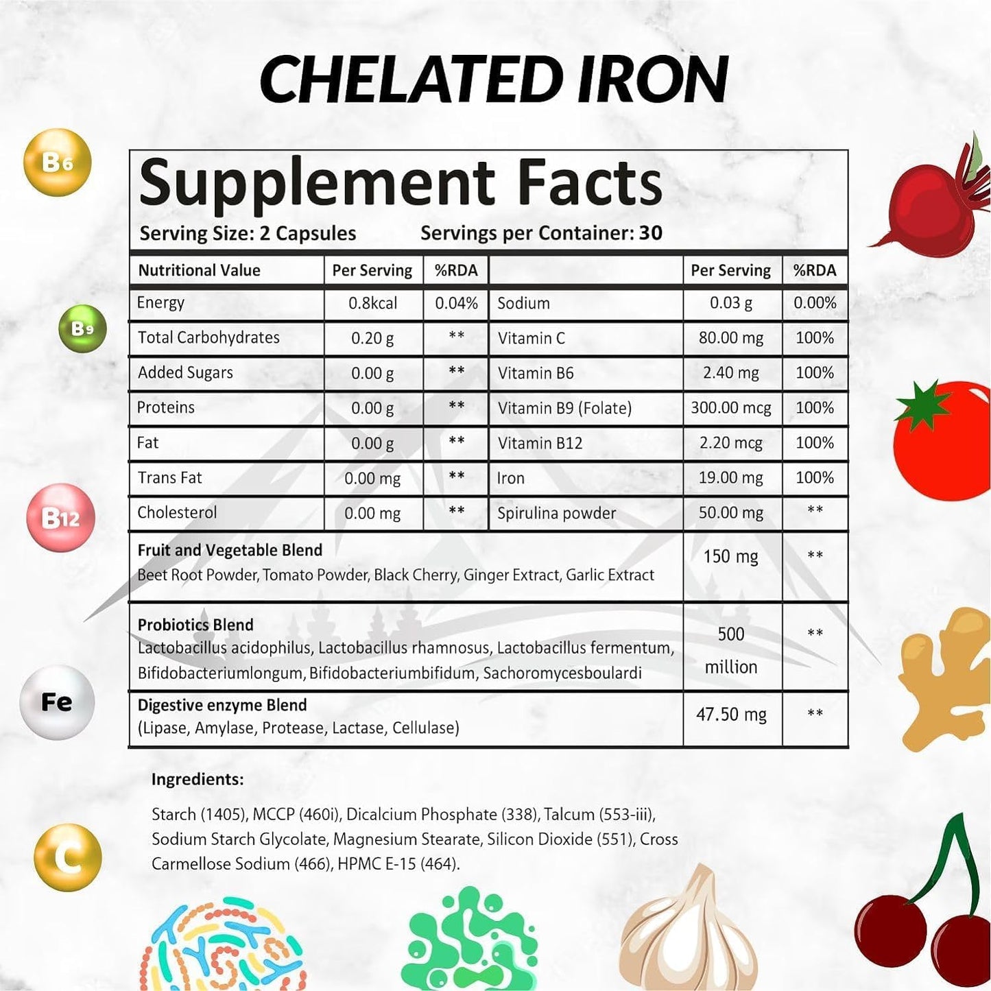 Chelated Iron Folic Acid with Vitamin C, B6, B9, B12 Veg Tablets 60ct - Probiotics Included