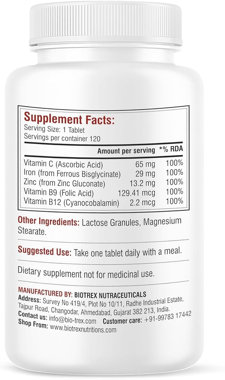 Chelated Iron with Vitamin C, B12, Folic Acid, and Zinc - 120 Vegetarian Tablets for Energy, Concentration, and Hemoglobin Boost