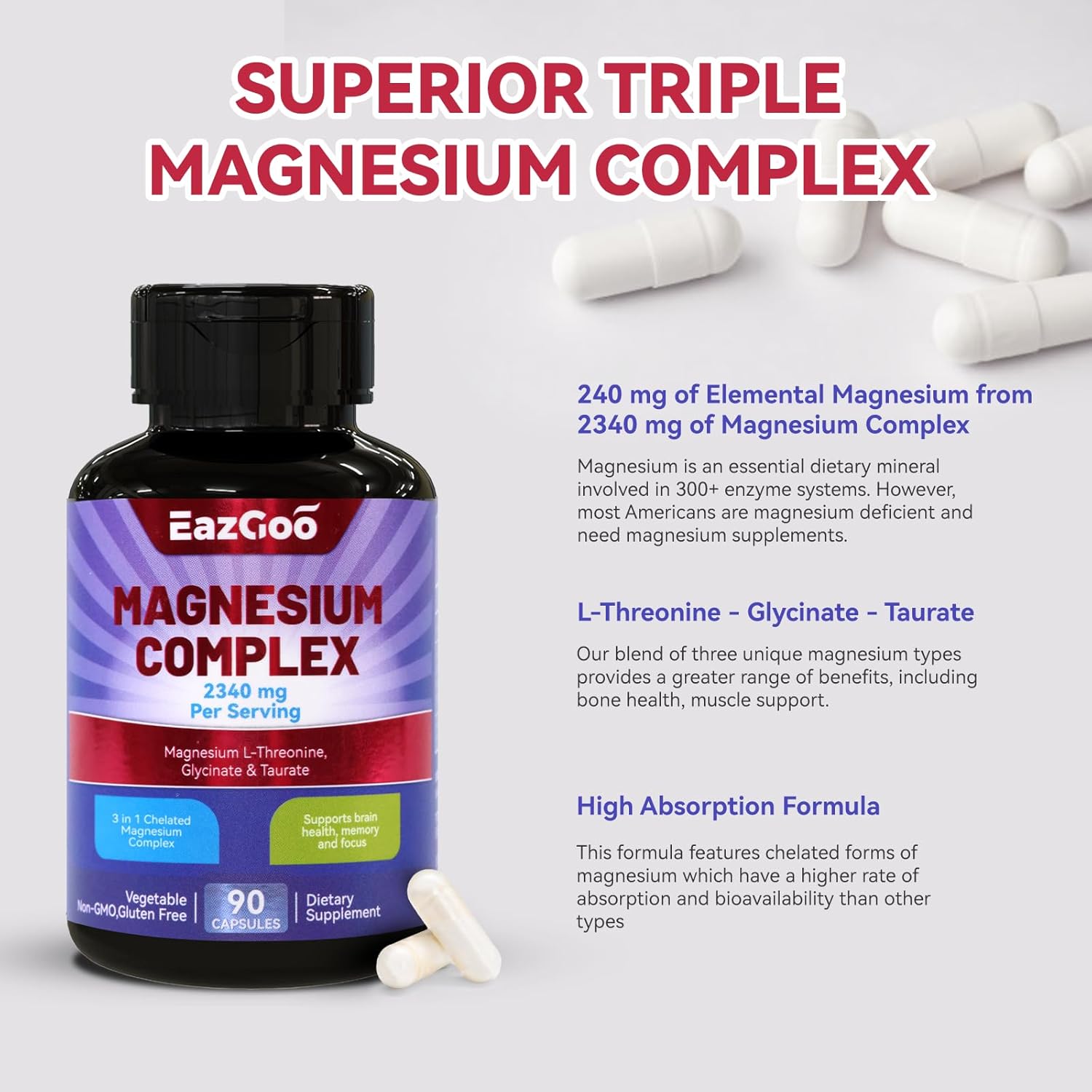 Chelated Magnesium Complex 2340mg - Supports Relaxation & Brain Health - 180 Veggie Capsules