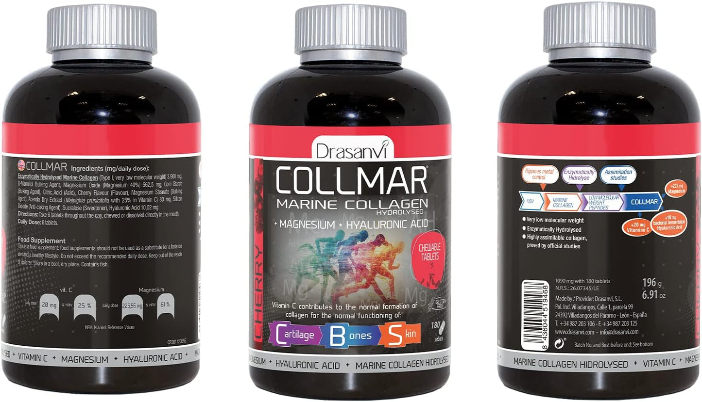 Cherry Flavored Drasanvi Collmar Marine Collagen Capsules with Magnesium - Supports Bone and Muscle Health - Hyaluronic Acid & Vitamin C for Normal Conditions