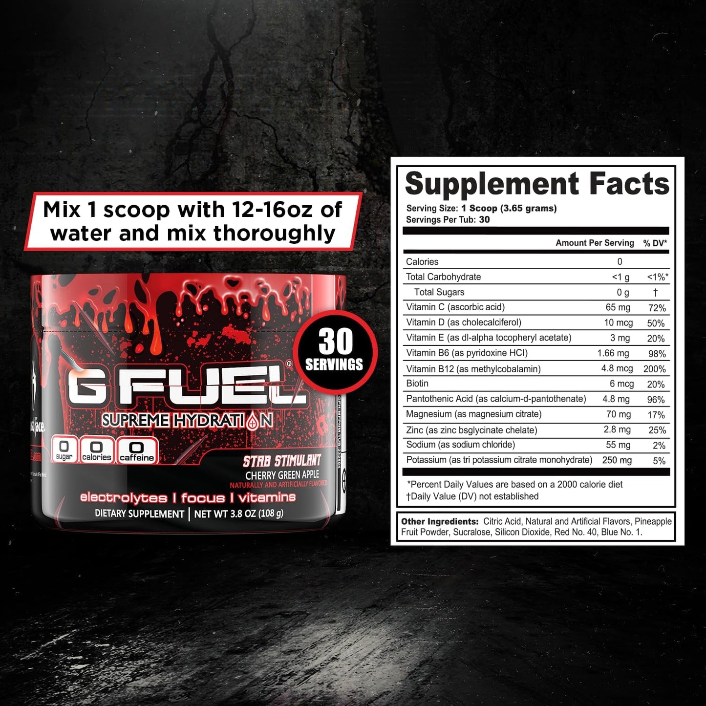 Cherry Green Apple G Fuel Electrolyte Powder - Zero Sugar, Caffeine-Free Hydration Mix with Electrolytes and Vitamins - 3.8 oz - 30 Servings