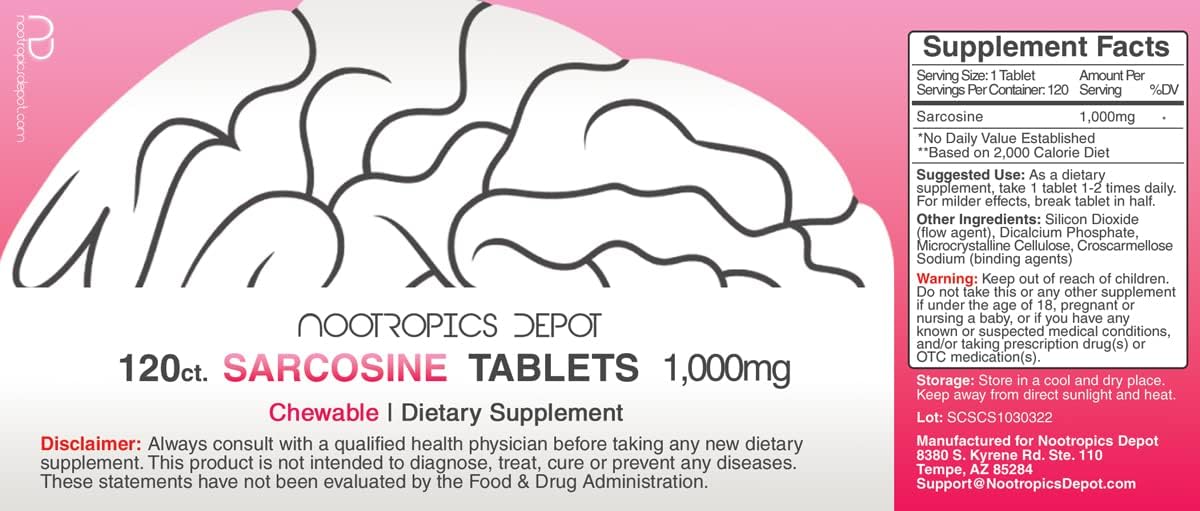 Chewable 1000mg Sarcosine Tablets by Nootropics Depot - 120 Count