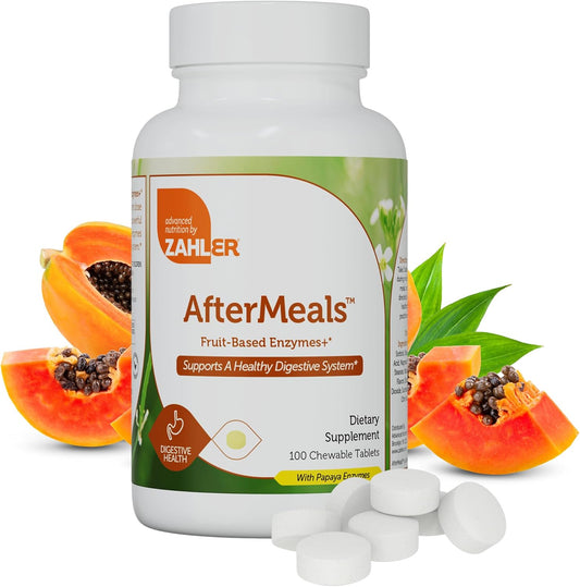 Chewable Fruit-Based Digestive Enzymes for Digestion Health - Zahler AfterMeals Enzymes with Papaya & Pineapple - Kosher & Gluten Free (100 Tablets)