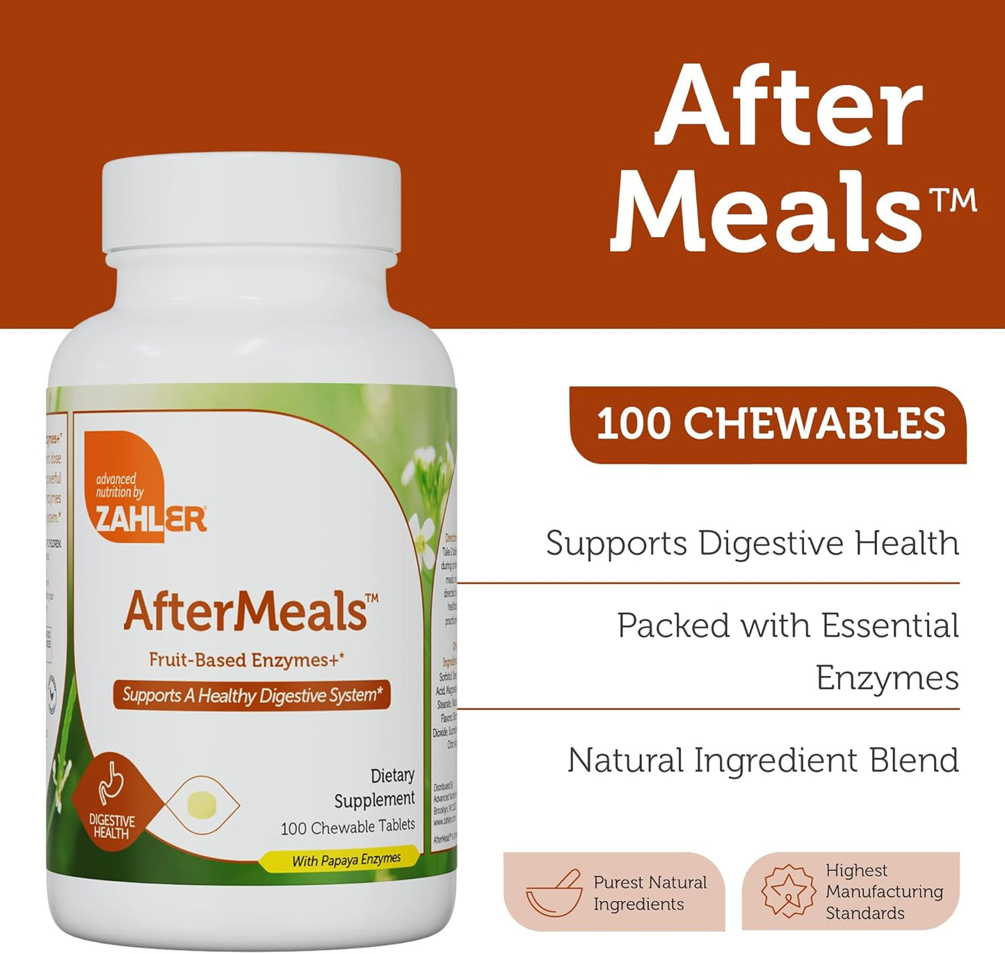 Chewable Fruit-Based Digestive Enzymes for Digestion Health - Zahler AfterMeals Enzymes with Papaya & Pineapple - Kosher & Gluten Free (100 Tablets)