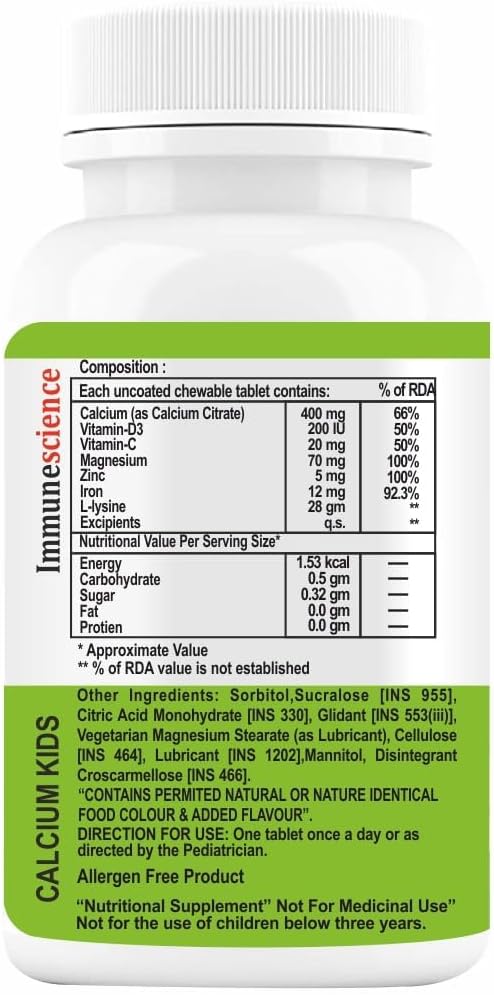 Chewable Kids Calcium Supplement with Vitamin D3, Magnesium, Zinc, and Vitamin C - 60 Tablets for Bone Health and Growth