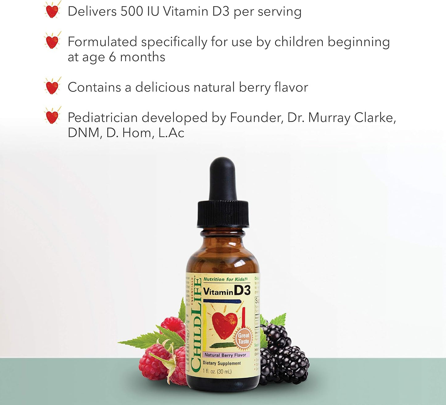 ChildLife Essentials Vitamin D3 Drops - Berry Flavored Supplement for Kids, Immune & Bone Health Support, Non-GMO, All-Natural, 500 IU (12.5 mg), 1 oz