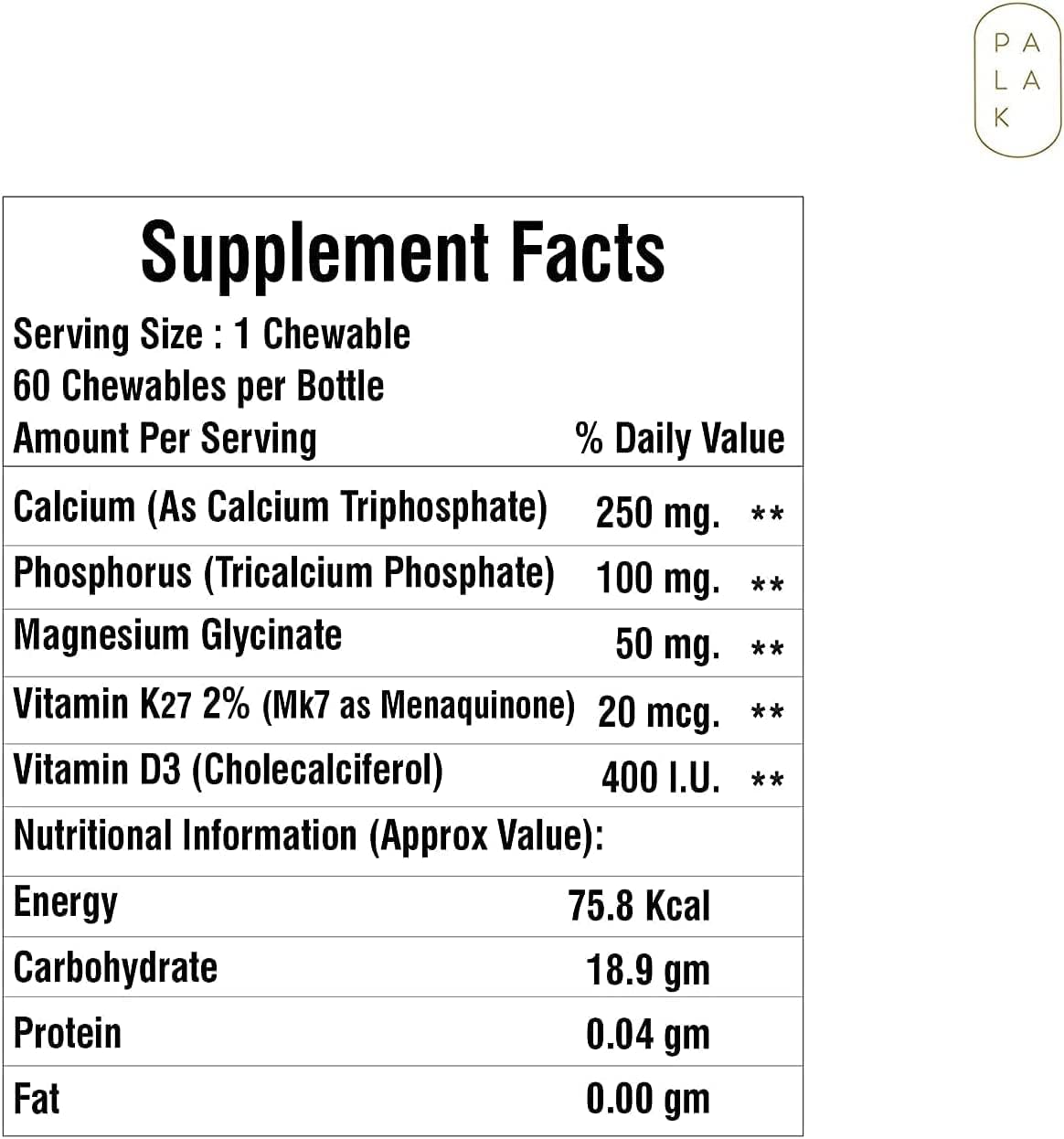 Children's Chewable Calcium Supplement with Vitamin D3, K2, and Magnesium - No Sugar - 60 Chewables