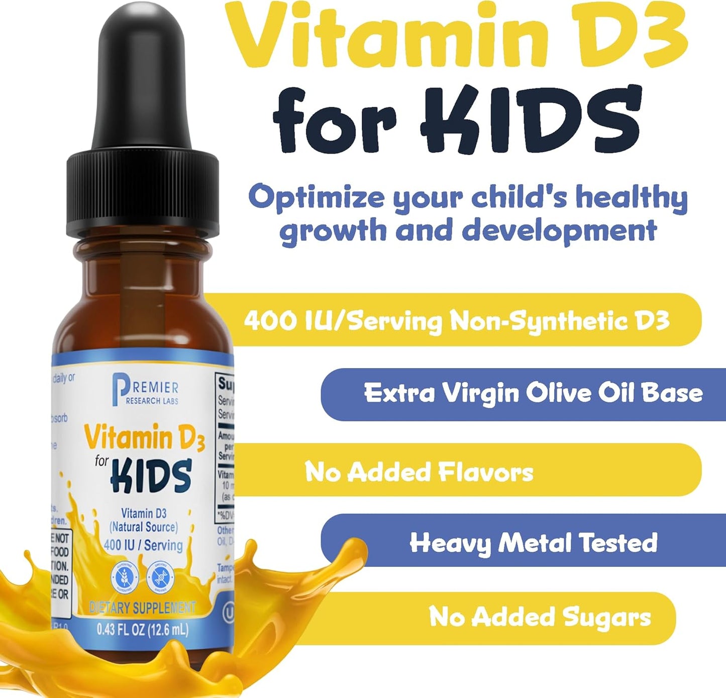 Children's Liquid Vitamin D3 Drops - 400 IU Per Serving - Supports Brain Development - 0.43 fl oz