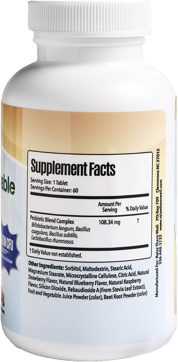 Children's Probiotic Chewable Tablets for Gut Health - Mixed Berry Flavor, 60 Servings