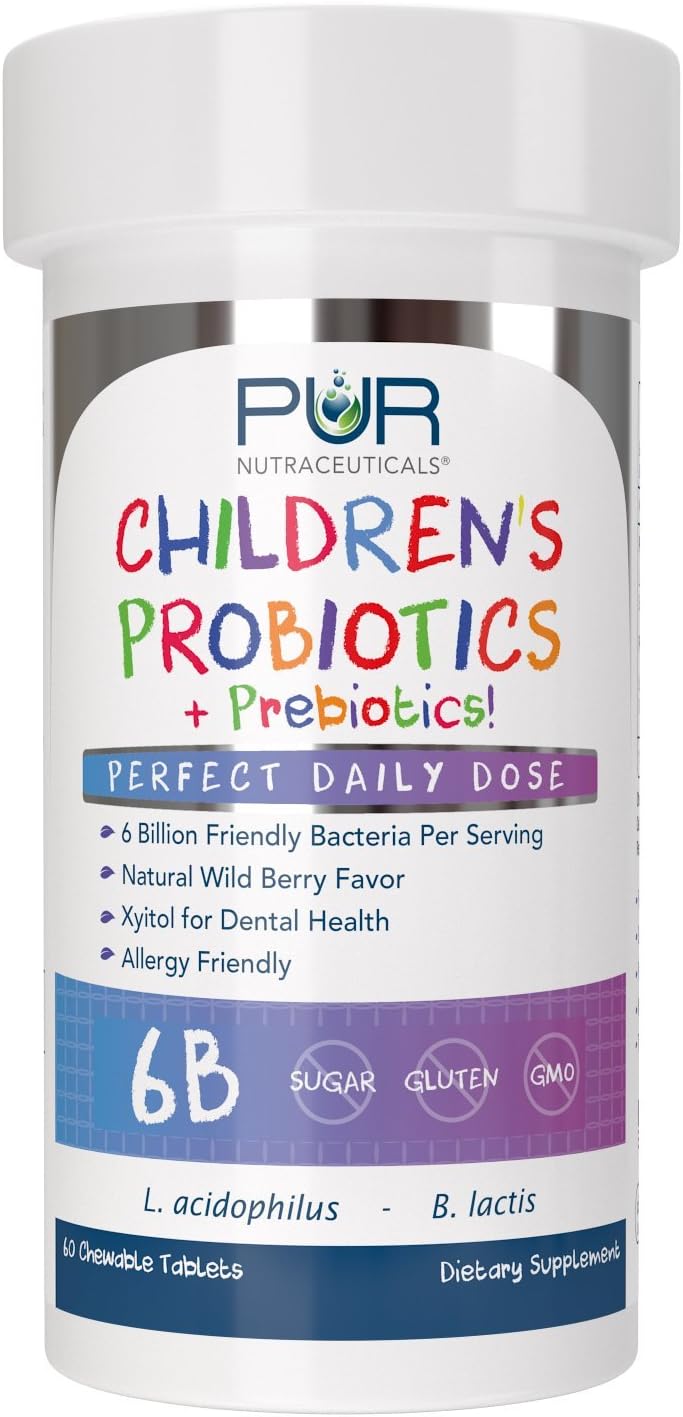 Children's Probiotics + Prebiotics Chewable Tablets - 60 Count - 6 Billion CFUs - 2 Month Supply - Sunfiber® & FOS for Enhanced Effectiveness - All Natural - Made in USA