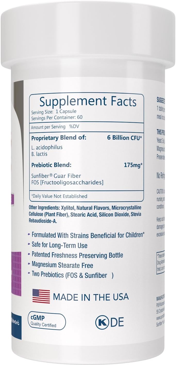 Children's Probiotics + Prebiotics Chewable Tablets - 60 Count - 6 Billion CFUs - 2 Month Supply - Sunfiber® & FOS for Enhanced Effectiveness - All Natural - Made in USA