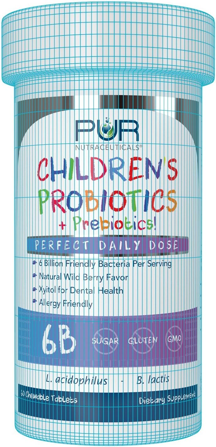 Children's Probiotics + Prebiotics Chewable Tablets - 60 Count - 6 Billion CFUs - 2 Month Supply - Sunfiber® & FOS for Enhanced Effectiveness - All Natural - Made in USA