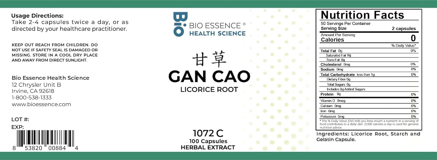 Chinese Licorice Capsules - Bio Essence Health Science 1072C Gan Cao, 100 Capsules (2 Bottles)