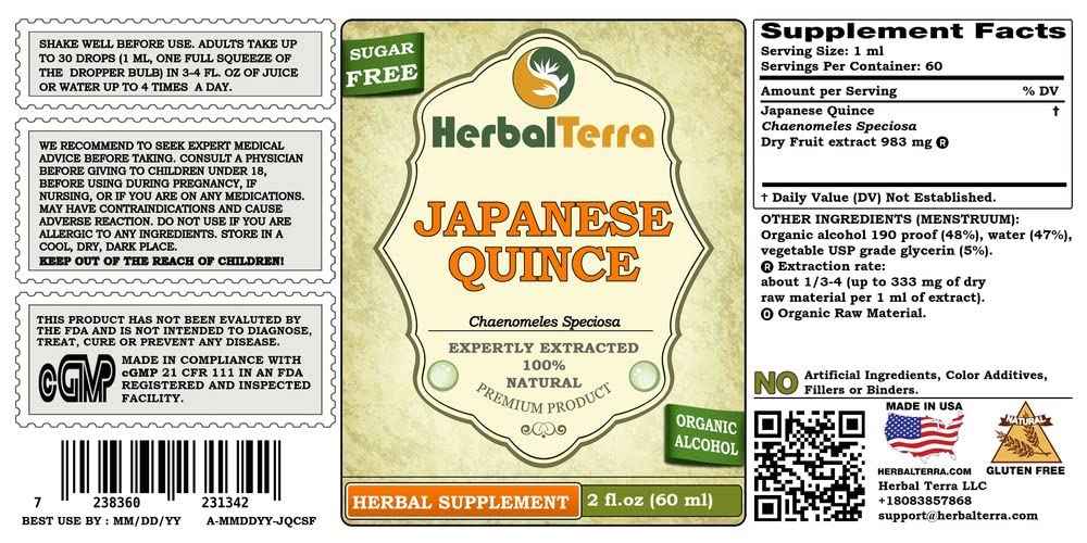 Chinese Quince (Chaenomeles Speciosa) Tincture, Dried Fruits Liquid Extract (Brand Name: HerbalTerra, Proudly Made in USA) 2x2 fl.oz (2x60 ml)