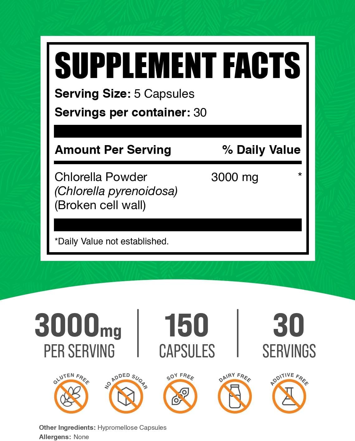 Chlorella Supplement Capsules - Broken Cell Wall, Superfood Vegan Supplement, Gluten-Free - 150 Veg Capsules