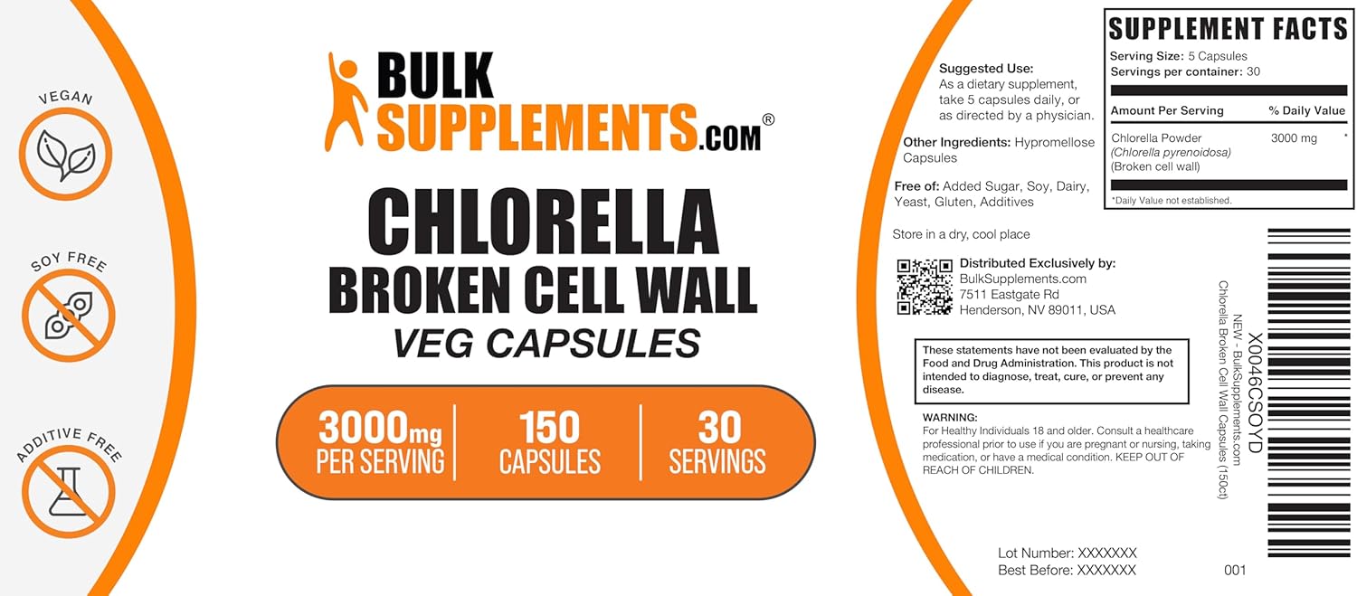 Chlorella Supplement Capsules - Broken Cell Wall, Superfood Vegan Supplement, Gluten-Free - 150 Veg Capsules