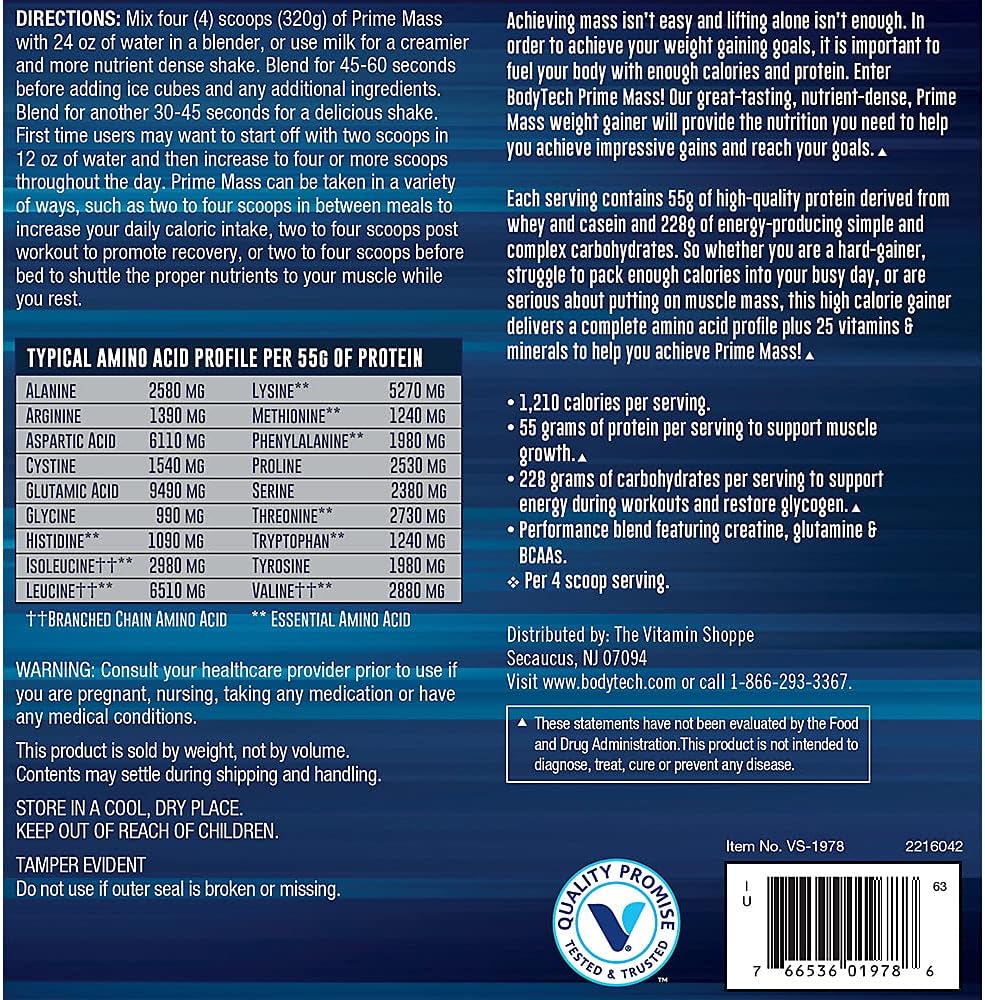 Chocolate BodyTech Prime Mass - 6 lbs./8 Servings for Muscle Growth and Recovery