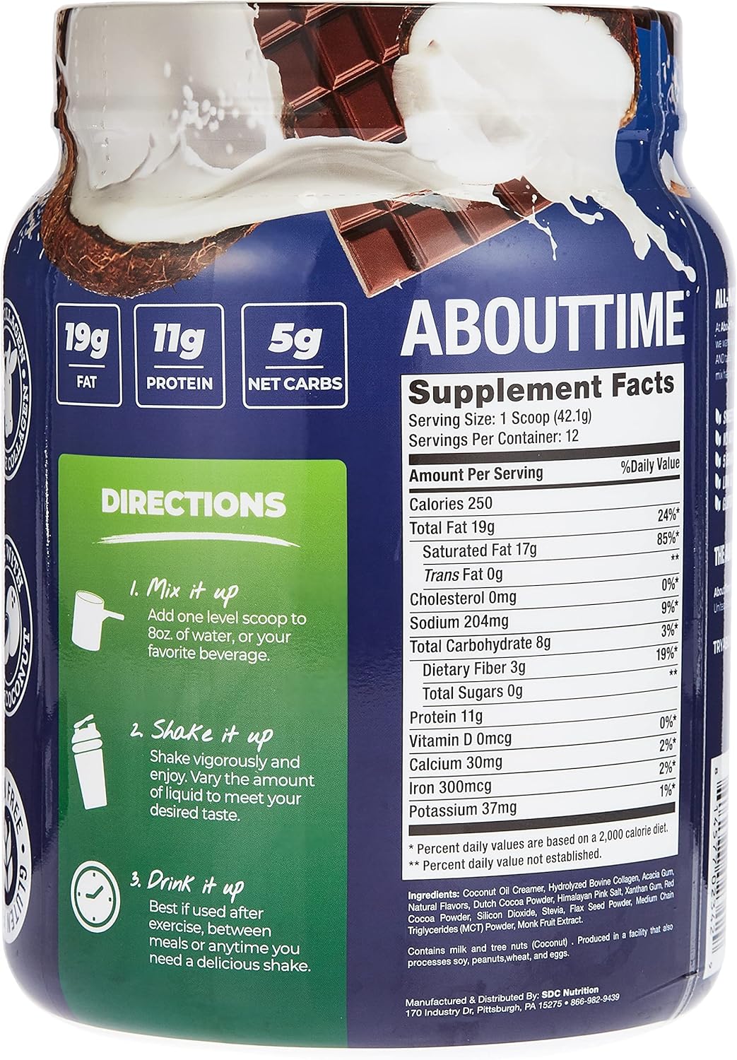 Chocolate Coconut Keto Shake with Bovine Collagen & MCTs - 19g Fat, 11g Protein, 5g Net Carbs - 1lb Jar
