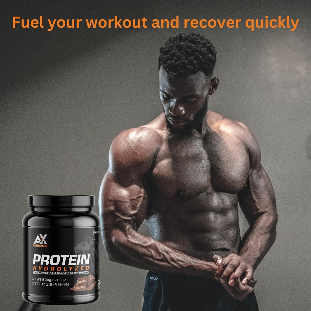 Chocolate Flavored Hydrolyzed Protein Powder 500g with Collagen & Vitamins | Supports Muscle Growth & Immune System Boost | AX Nutrition