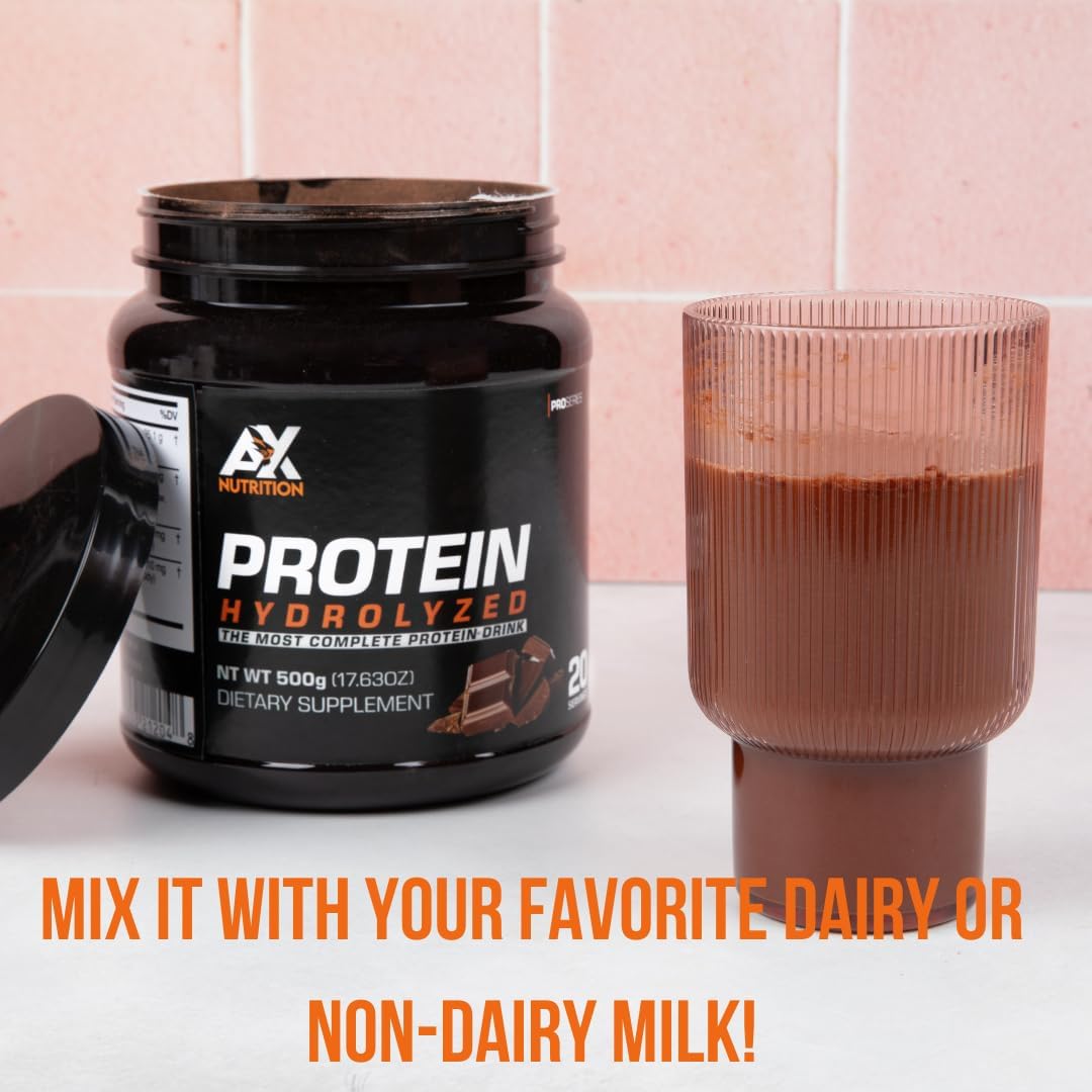 Chocolate Flavored Hydrolyzed Protein Powder 500g with Collagen & Vitamins | Supports Muscle Growth & Immune System Boost | AX Nutrition