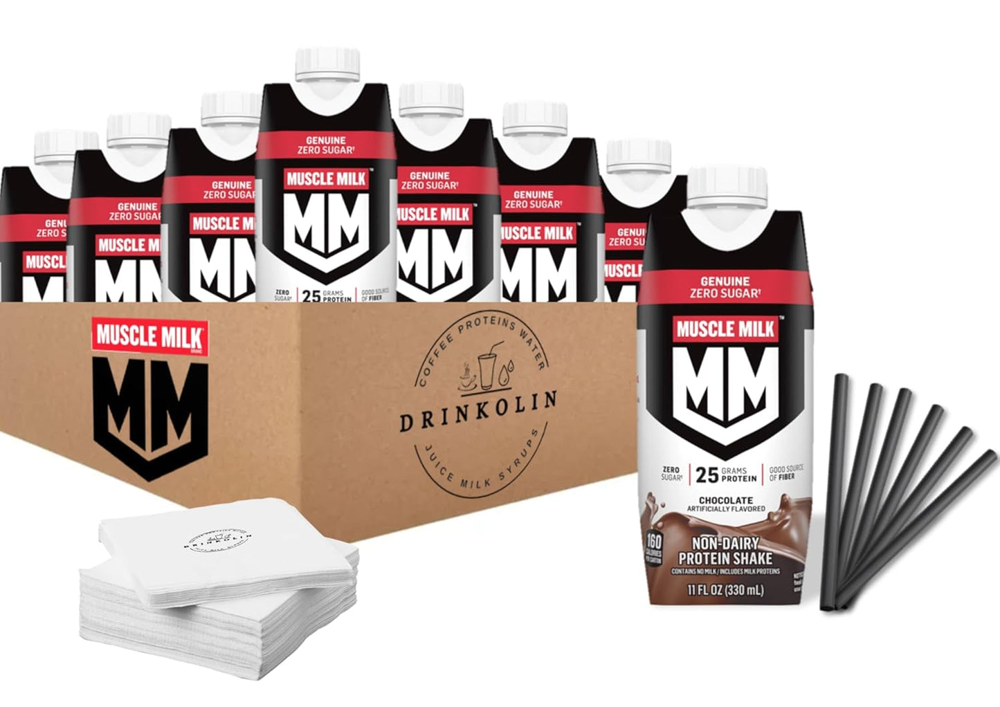 Chocolate Muscle Milk Protein Shake with 25g Protein, Zero Sugar, Vitamins, Fiber - 8 Pack of 11 Fl Oz Genuine Protein Shakes