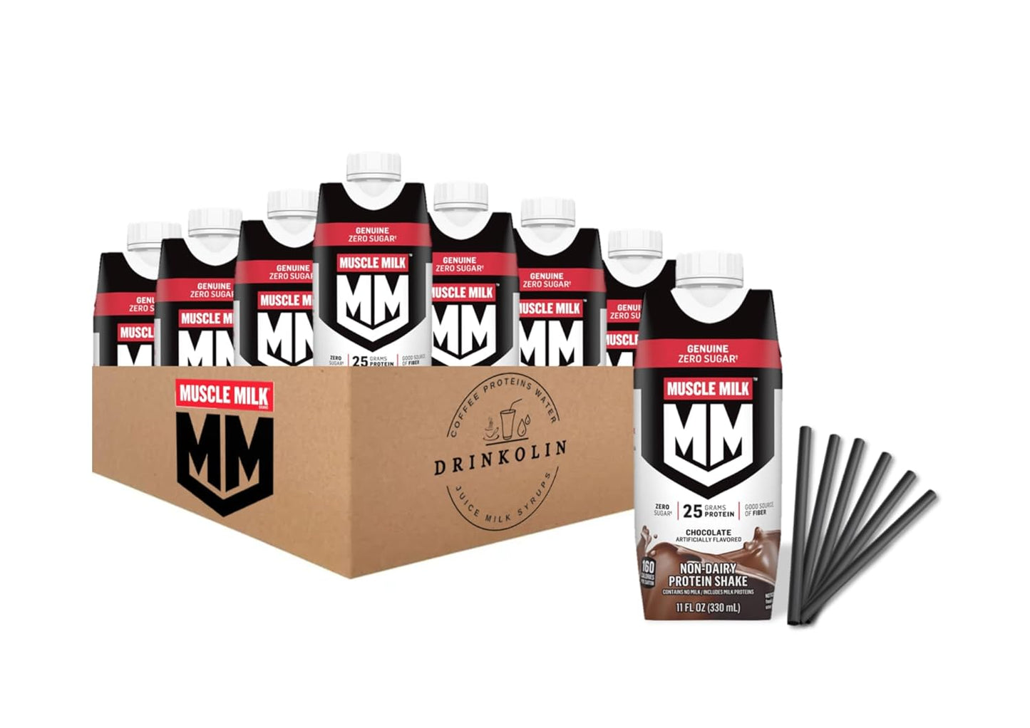 Chocolate Muscle Milk Protein Shake with 25g Protein, Zero Sugar, Vitamins, Fiber - 8 Pack of 11 Fl Oz Genuine Protein Shakes