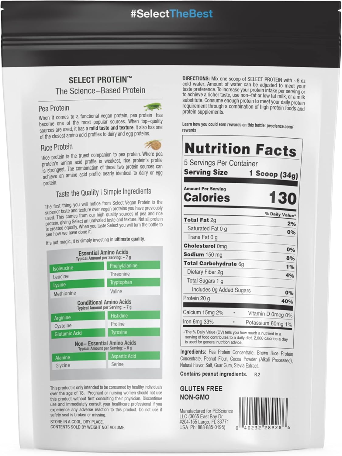 Chocolate Peanut Butter PEScience Select Vegan Plant Based Protein Powder - 5 Servings, Pea & Brown Rice Blend