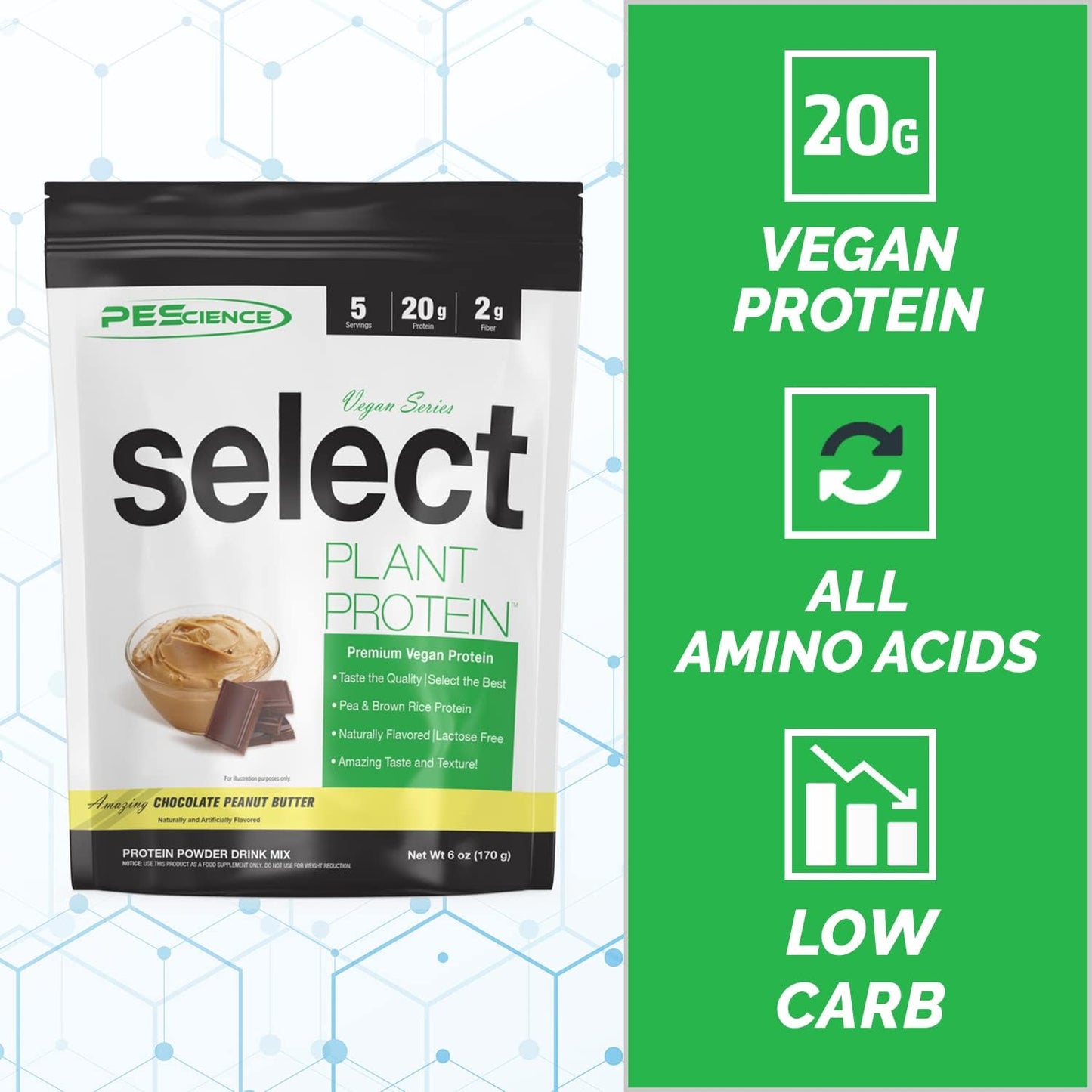 Chocolate Peanut Butter PEScience Select Vegan Plant Based Protein Powder - 5 Servings, Pea & Brown Rice Blend