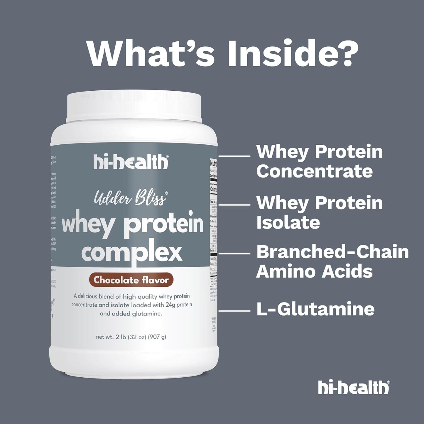 Chocolate Whey Protein Complex Powder with Glutamine - 2 Pounds by Hi-Health Udder Bliss