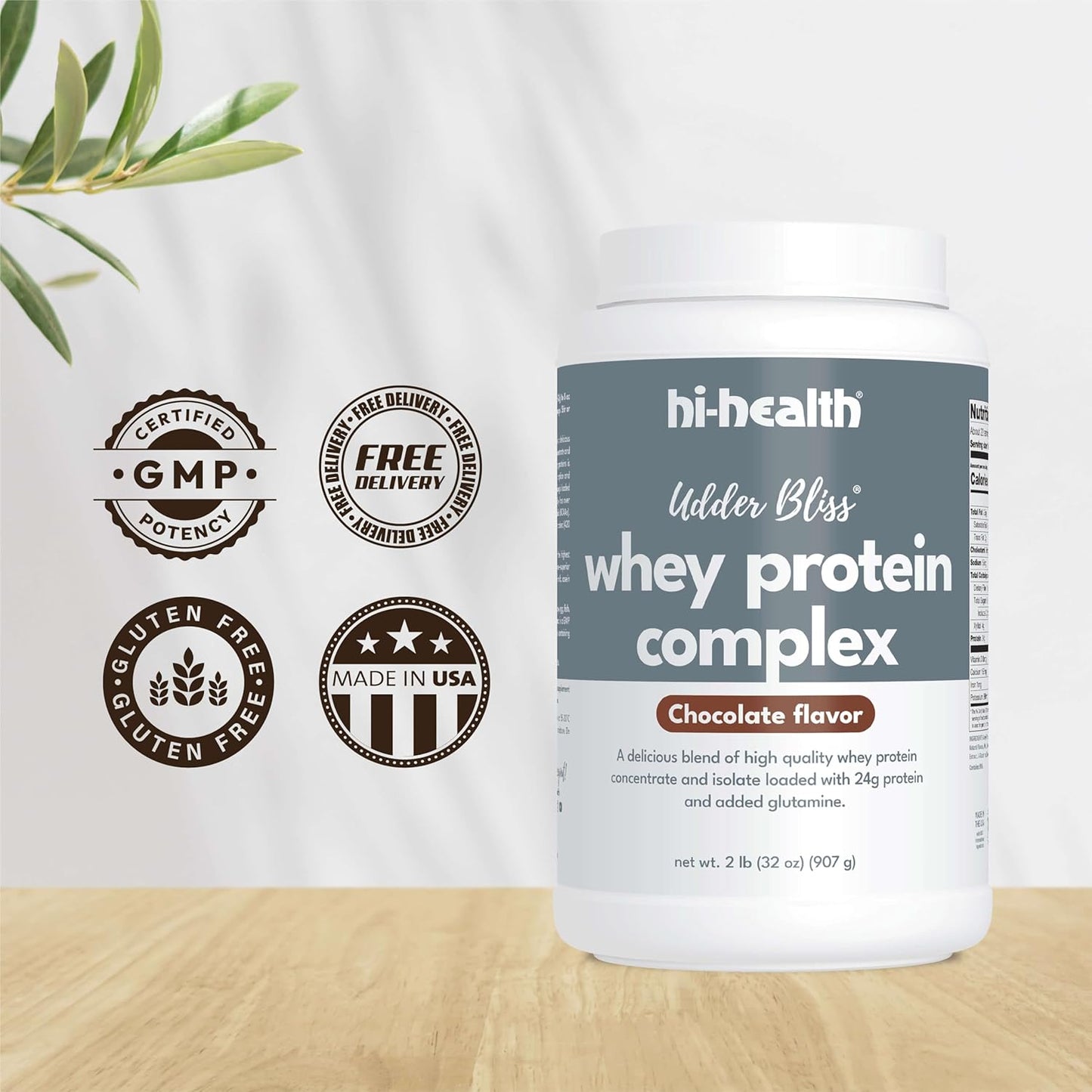 Chocolate Whey Protein Complex Powder with Glutamine - 2 Pounds by Hi-Health Udder Bliss