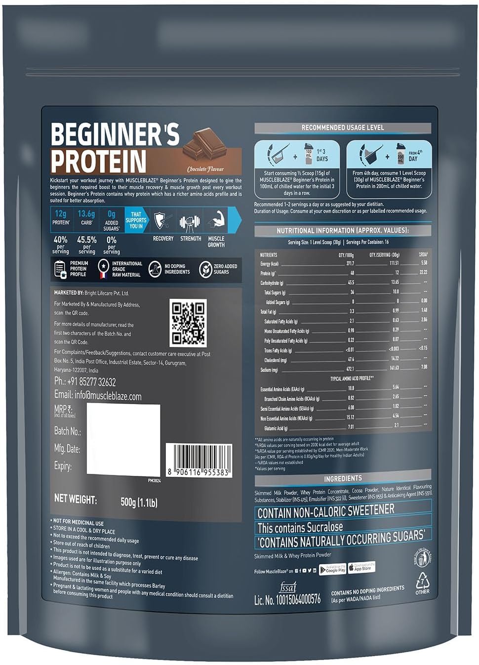 Chocolate Whey Protein Powder for Beginners - 500g - No Added Sugar - Enhances Muscle Recovery and Strength