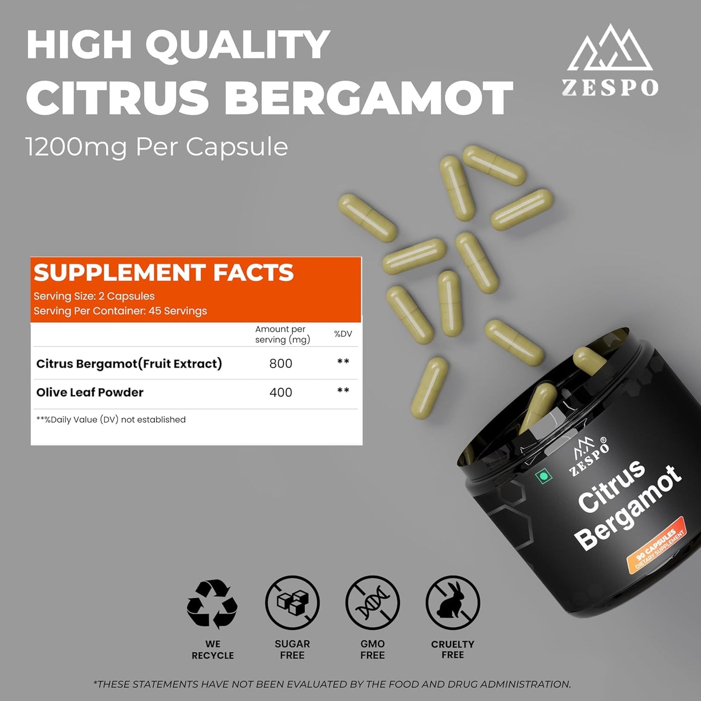 Citrus Bergamot Capsules 1200mg for Boosting Energy - 90 Capsules, 45 Day Supply - Vitamin C Supplement for Adults