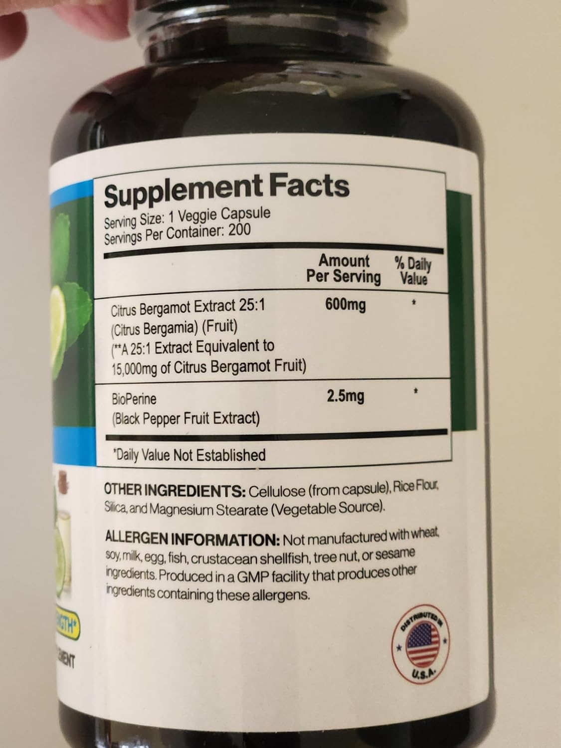Citrus Bergamot Supplement with BioPerine - 15,000mg, 200 Capsules - Vegetarian Formula for Nutritional Support