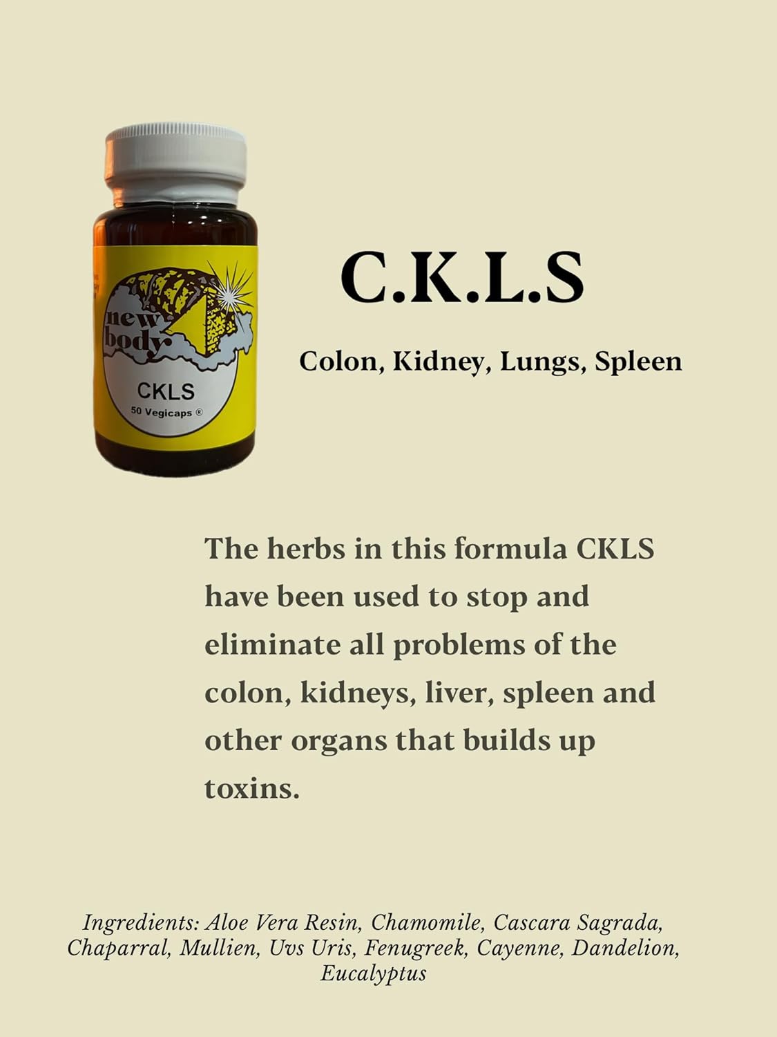 CKLS Herbal Supplement Capsules for Colon, Kidney, Liver, and Spleen Health - Small Size, 50 Count