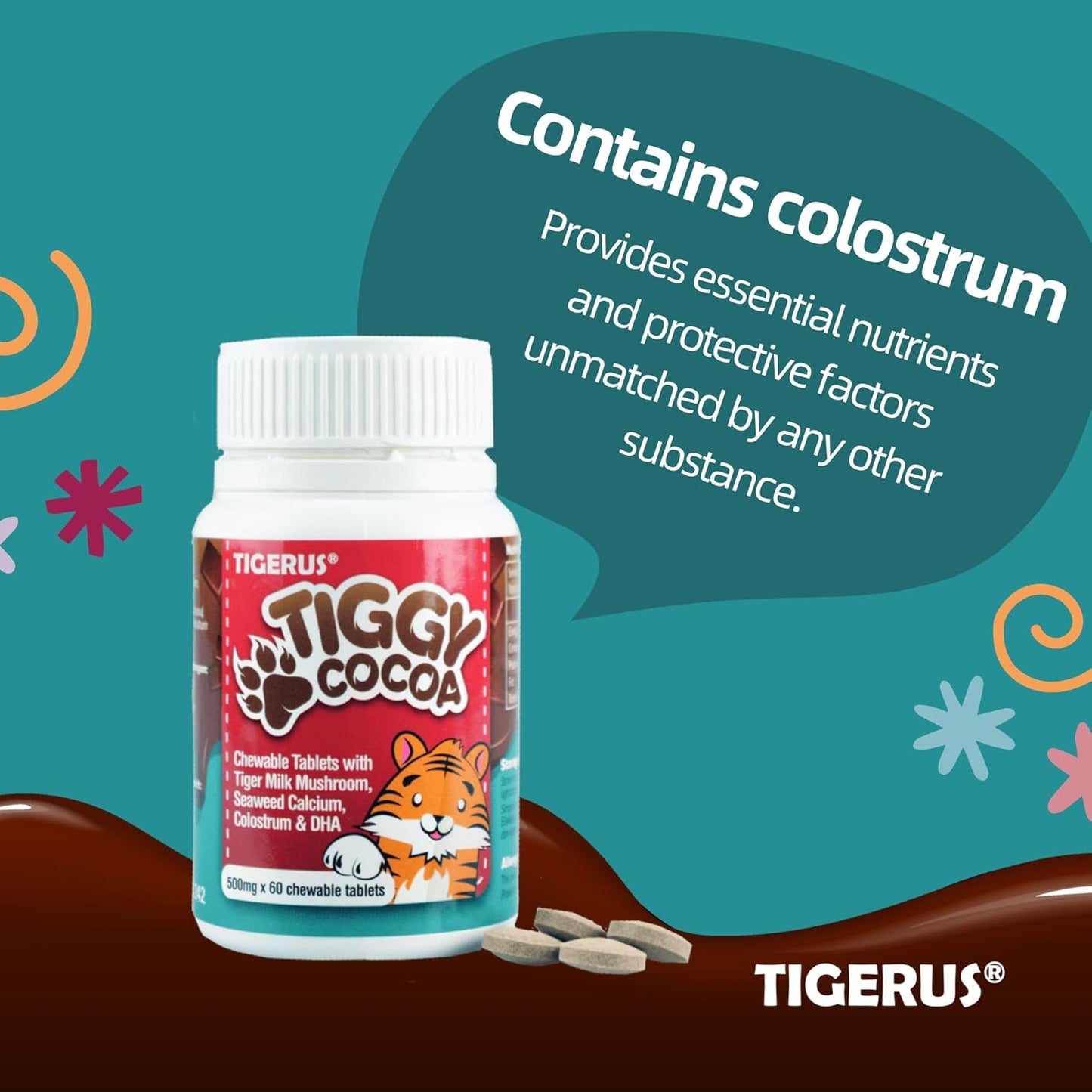 Cocoa Chewable Tablets with Tiger Milk Mushroom for Energy & Wellness - 60 Tablets for Kids & Adults