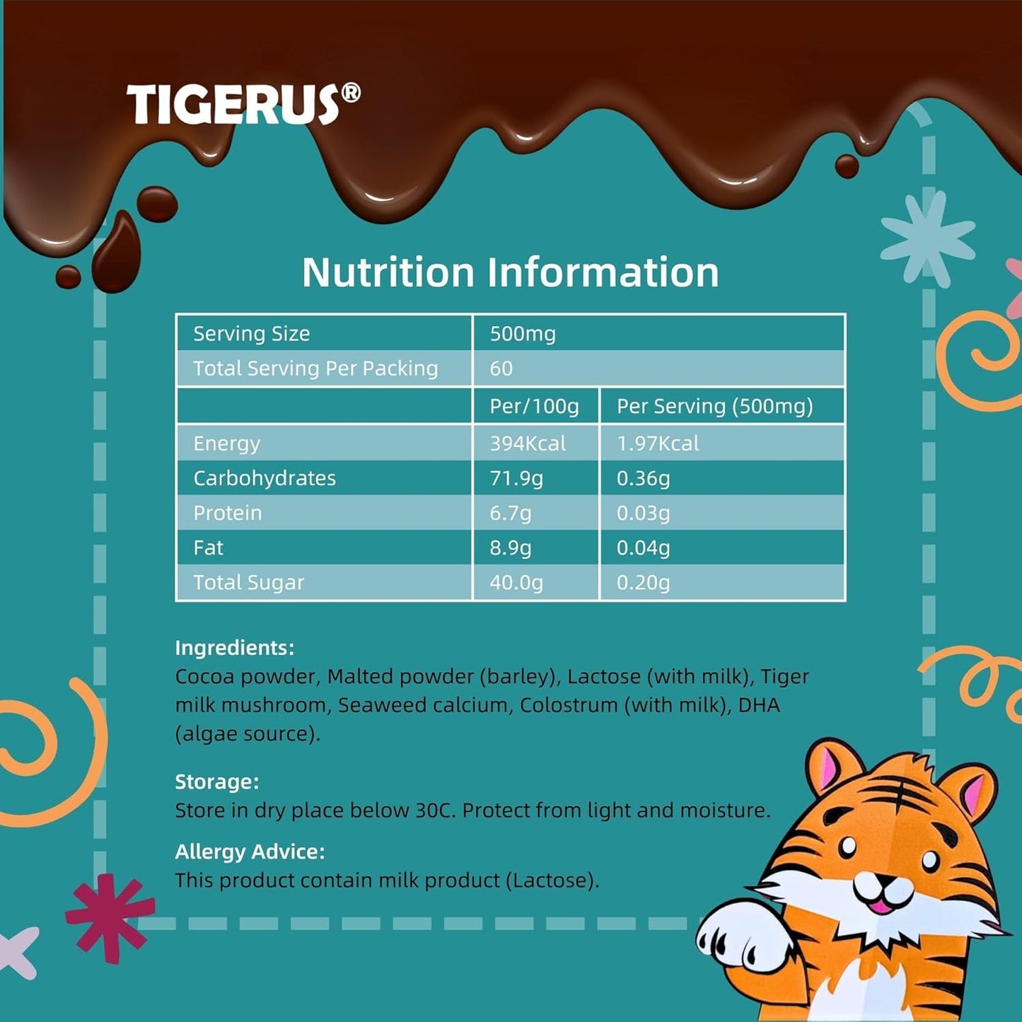 Cocoa Chewable Tablets with Tiger Milk Mushroom for Energy & Wellness - 60 Tablets for Kids & Adults