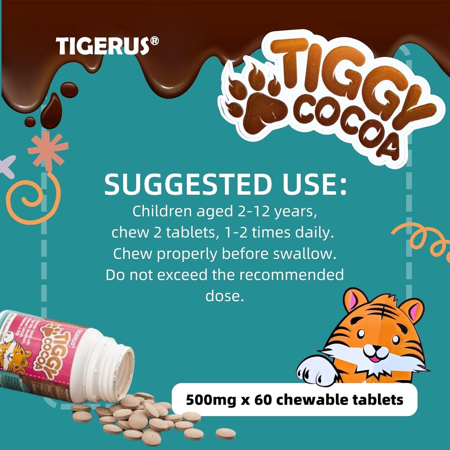 Cocoa Chewable Tablets with Tiger Milk Mushroom for Energy & Wellness - 60 Tablets for Kids & Adults